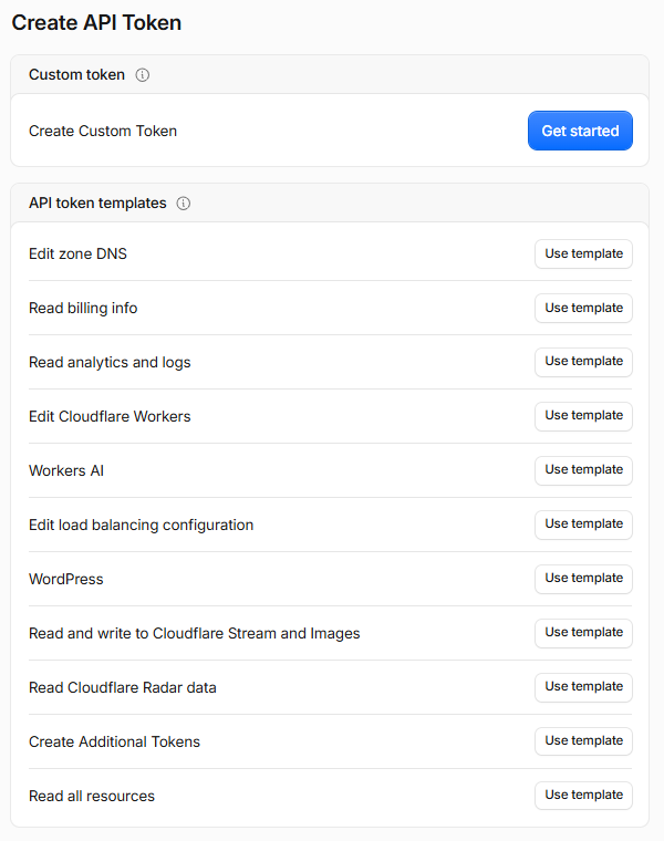 Create API Token page: Create Custom Token above the list of templates