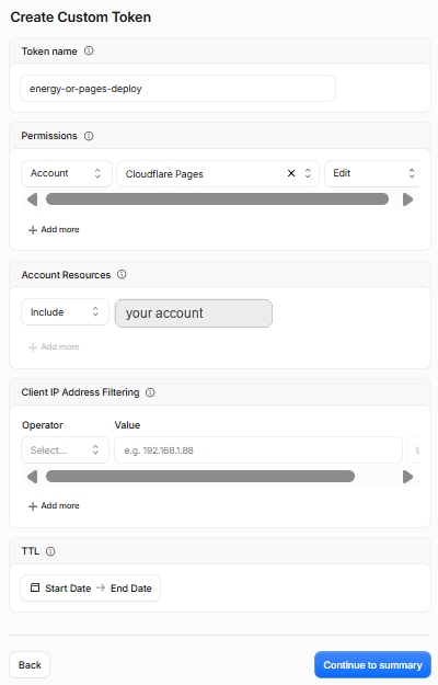 Custom token form with Account, Cloudflare Pages, Edit
